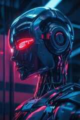 Fototapeta premium Sci-fi robot poster, detailed android designs, metallic textures, and glowing LED eyes against a futuristic grid