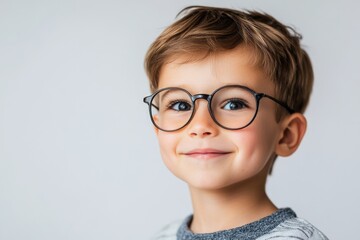 Fototapeta premium Caucasian preschool boy with adorable smile wearing glasses on light grey background promoting happy childhood and joyful education emotions