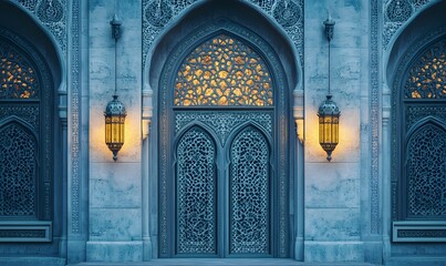 Obraz premium Ornate Islamic architecture entrance at dusk.