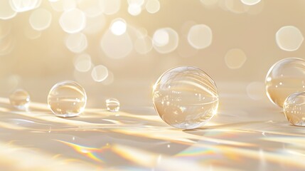 Bright oil bubbles and a shiny surface with a gentle pale beige ombre backdrop