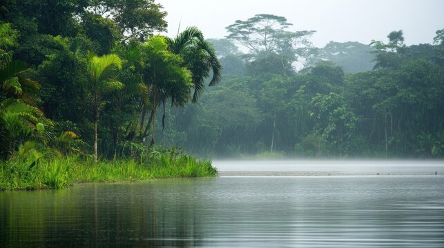 Rainy Season Rainforest Lake Lush Green Tropical Palms
