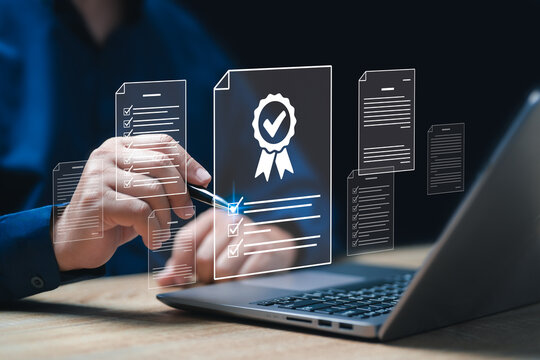Certificate documents, Business work Assessment concept, Businessman approved certificate document online, Evaluation online survey exam,  International standard, Quality control, Top service ISO