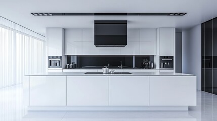 Fototapeta premium A modern luxury kitchen with a sleek white and black palette, seamless built-in appliances, and a central island with a glossy finish. High-end and stylish.
