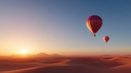 Obraz premium Two vibrant hot air balloons soar above a vast desert landscape at sunset, creating a serene and picturesque scene of adventure and tranquility.
