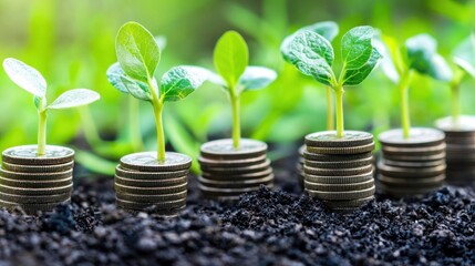 Seedlings Growing on Stacks of Coins: A Symbol of Financial Growth and Investment