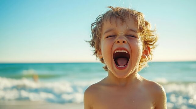 Joyful child shouting with exuberance on sunny beach in Emilia Romagna Italy showcasing summer vacation spirit with ocean waves and bright sky.