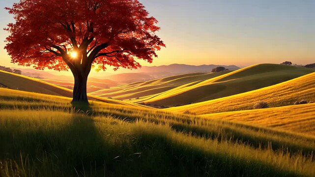 Lone red tree in a golden sunset over rolling green hills with tall grass and a serene, peaceful countryside view

