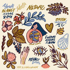 eco friendly lifestyle, love nature and our planet. millennial eco activist girl. Modern stylized flat picture.