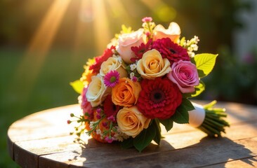bridal bouquet with colorful flowers, illuminated by soft sunlight, placed on a wooden table, morning setting with bright natural light