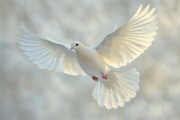 Obraz premium majestic white dove in graceful flight with spread wings symbolizing peace and freedom against pure white background