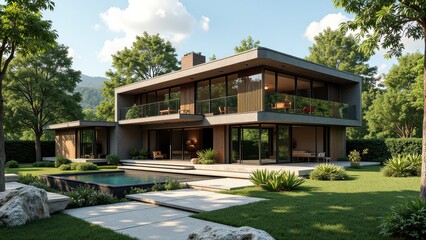 Obraz premium A sleek, modern two-story house with a stunning balcony: transparent glass panels and wooden slats frame breathtaking views from above