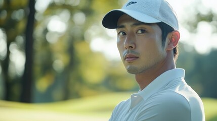 Japanese male golfer in white cap and polo shirt, outdoor golf course, green grass, natural sunlight, contemplative expression, ample copy space.