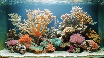 Naklejka premium Vibrant coral reef aquarium scene with diverse corals and marine life.