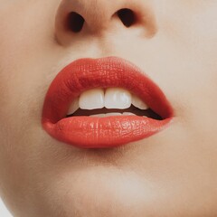 Obraz premium Red lips emphasize beauty and confidence in a close-up shot taken in a bright, neutral setting during daylight