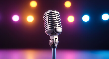 vintage microphone stands in foreground, illuminated by colorful stage lights, creating vibrant atmosphere perfect for performances and music events