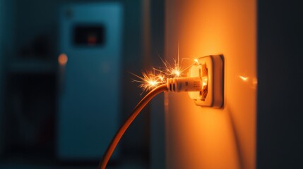 A close-up view of a sparking electrical plug against a wall, highlighting potential electrical issues in a dimly lit setting.