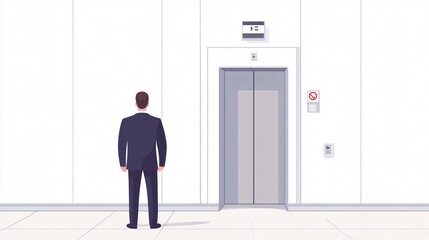 Fototapeta premium Man in Suit Awaits Elevator: A Glimpse into Urban Commute