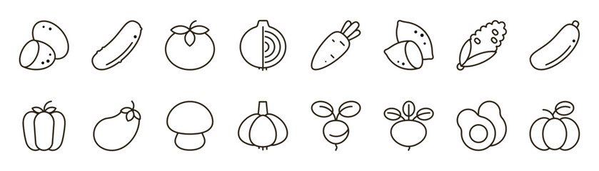 Vegetable outline icons set. Collection of linear vegetable icons. Graphic elements of linear design, outline symbols. Healthy eating, organic products, agricultural harvest, products from the garden.