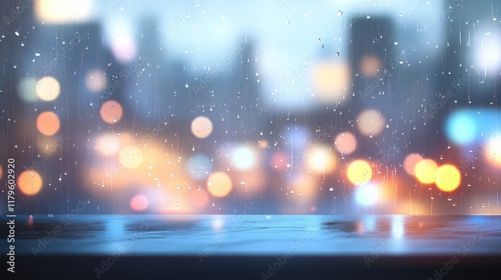 Aufkleber rain is falling on a windowpane, blurring the city lights in the background and creating a moody, at