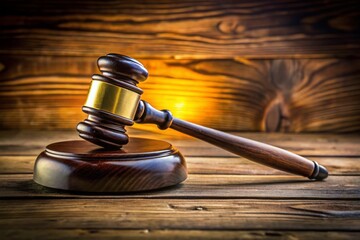 Gavel, Law Book, Auctioneer's Hammer, Justice Scale on Wooden Table - Legal Auction Banner Stock Photo