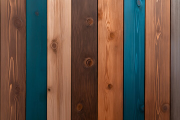 Fototapeta premium Textured wooden planks in various shades of brown and teal create striking background. natural grain and color variations add depth and warmth to any design