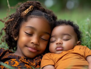 Young dark skinned girl with curly hair peacefully resting beside sleeping baby brother in green park setting with soft natural light and ample empty space for text