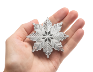 Hand holding a snowflake cookie cutter, white isolate background.