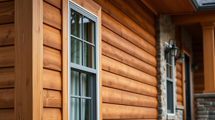 Fototapeta premium Brown Wood Siding Exterior with Window and Stone Accents