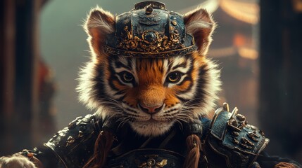 Fototapeta premium A cute little tiger wearing ancient Chinese armor