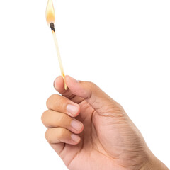 Hand holding a lit match, white isolate background.