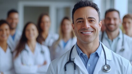 smiling male doctor with stethoscope displaying tablet pc screen in front of diverse group of medical professionals in white coats in hospital setting