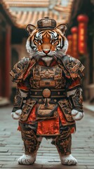 Fototapeta premium A cute little tiger wearing ancient Chinese armor