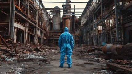 Men in blue protective overalls surveying an abandoned industrial site reflecting environmental pollution and ecological catastrophe with debris and empty spaces for text