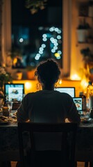 Obraz premium Woman Working at Desk with Computer in Cozy Dimly Lit Room