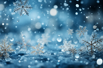 A modern abstract winter composition featuring geometric snowflakes in varying sizes, layered over a gradient background of icy blues and soft whites