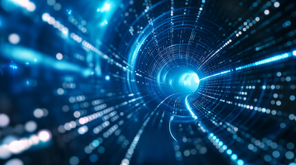 Abstract Blue Digital Tunnel With Glowing Lights. Generative AI