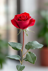stunning red rose with long stem, showcasing its vibrant petals and lush green leaves, perfect for expressing love and admiration
