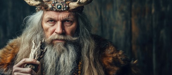 Majestic elderly druid man with long beard and fur coat wearing ornate gemstone crown holding animal antler against rustic wooden background