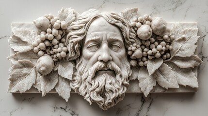 Ancient Marble Sculpture: God-like Face with Grapes and Leaves. Intricate Carving, Classical Art, Religious Symbolism, Cultural Heritage