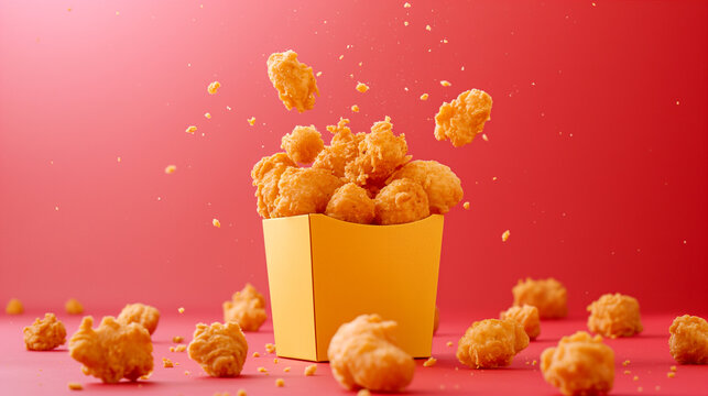 Fried golden squares naggets piled around a bright rectangular container. Generative AI