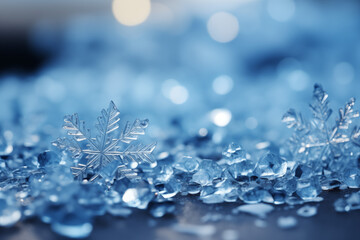 A modern abstract winter composition featuring geometric snowflakes in varying sizes, layered over a gradient background of icy blues and soft whites