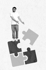 Composite collage photo of young funny student guy stay blue yellow puzzle stop after occupation...