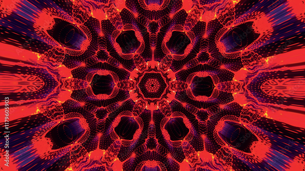 Poster seamless pattern with symmetrical design in red tones. abstract kaleidoscopic geometric pattern. hyp
