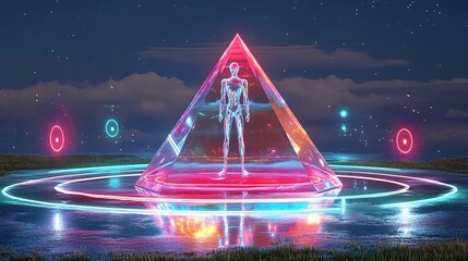 Vibrant 3D Render: Futuristic Humanoid Mysteriously Encased in Glowing Crystal Pyramid. AI Generated