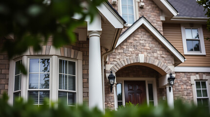 Partial view of a two-story house with stone and wood siding.  Features a bay window, porch with columns, and visible landscaping.  The image is slightly obscured by foliage in the foreground.