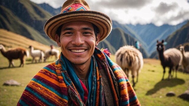 Joyful Peruvian man in colorful traditional attire smiles warmly while surrounded by grazing llamas in the breathtaking Andes mountains during a sunny afternoon - Powered by Adobe