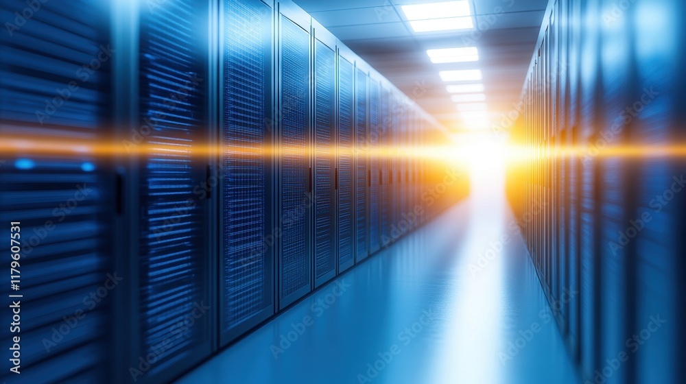 Poster expansive high-tech server hallway with rows of illuminated equipment signifying advanced technology