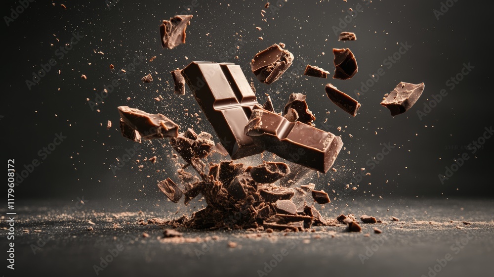 Poster Chocolate bar and numerous pieces exploding and levitating, creating a dramatic splash of rich chocolate powder against a dark background, evoking indulgent cravings for sweetness