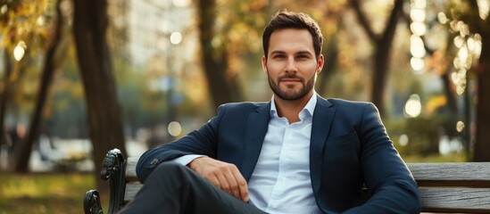 Confident middle-aged businessman in dark suit sitting on park bench in vibrant autumn park setting with foliage and sunlight for text space