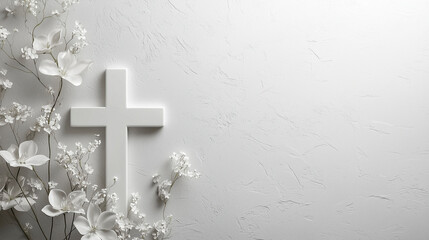 Minimalistisches weißes Kreuz mit zarten Blumen als symbolische Darstellung von Frieden und Glauben, Hintergrund, Gedenkkarte, Trauerkarte, Vorlage